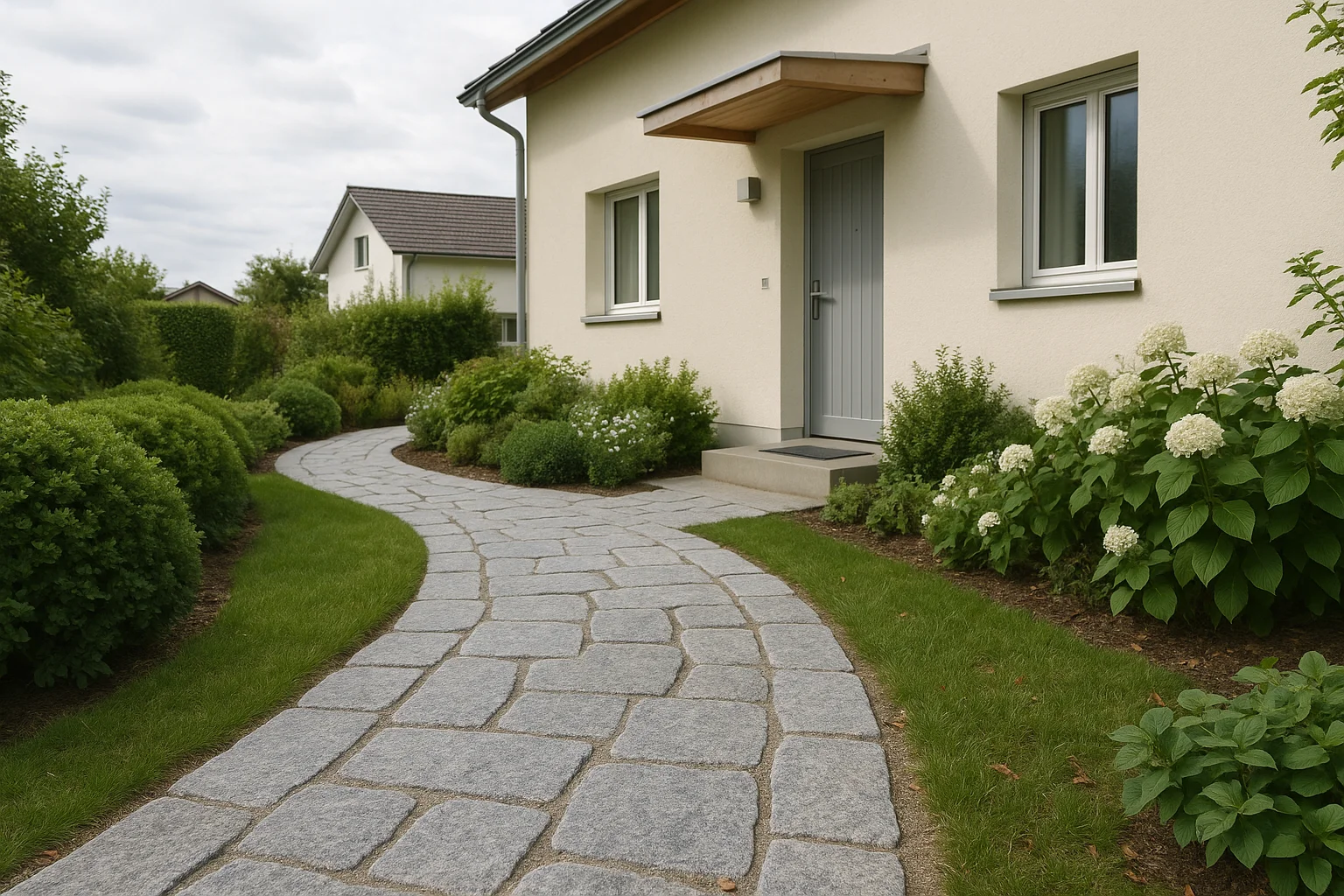 Modern gestalteter Vorgarten mit Natursteinweg, Beeteinfassung und gepflegtem Hauseingang