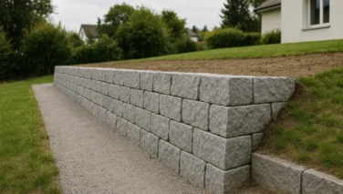 Natursteinmauer im Aussenbereich eines Projektgartens mit klarer Gestaltung und natürlicher Wirkung