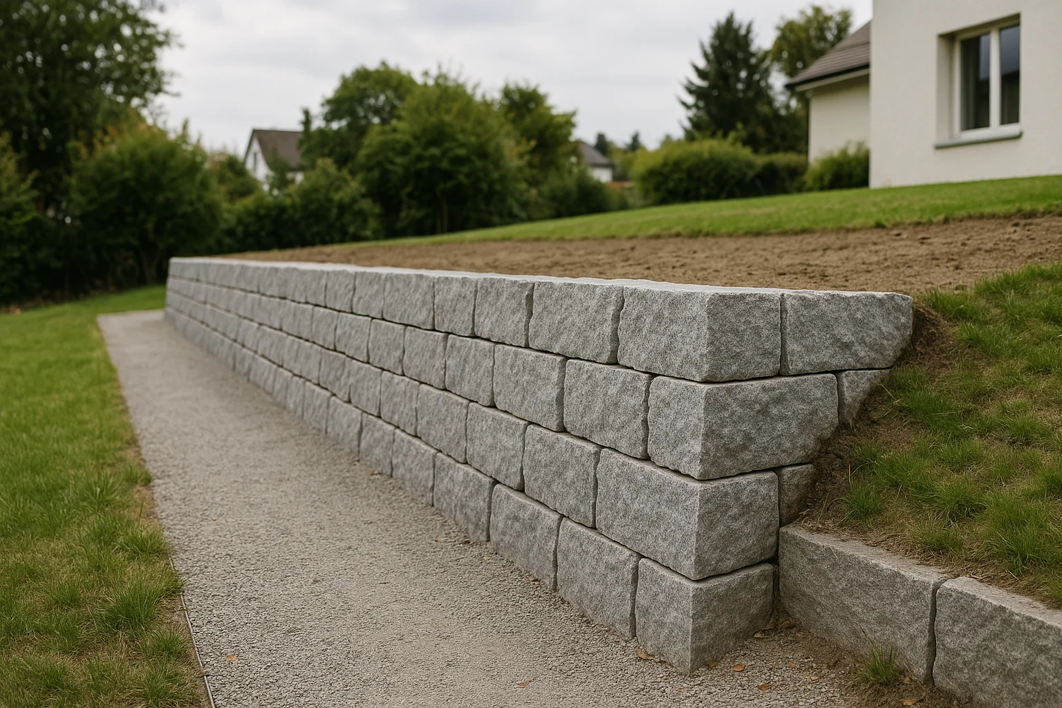 Natursteinmauer im Aussenbereich eines Projektgartens mit klarer Gestaltung und natürlicher Wirkung