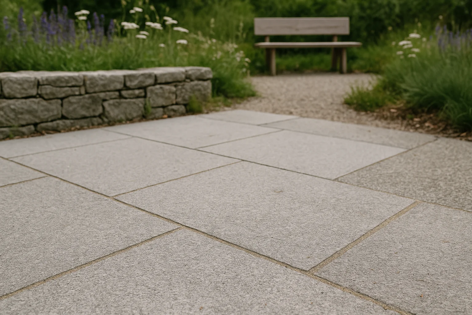 Natursteinplatten in einer naturnahen Gartengestaltung mit Pflanzen, Kies und ruhiger Terrassenfläche