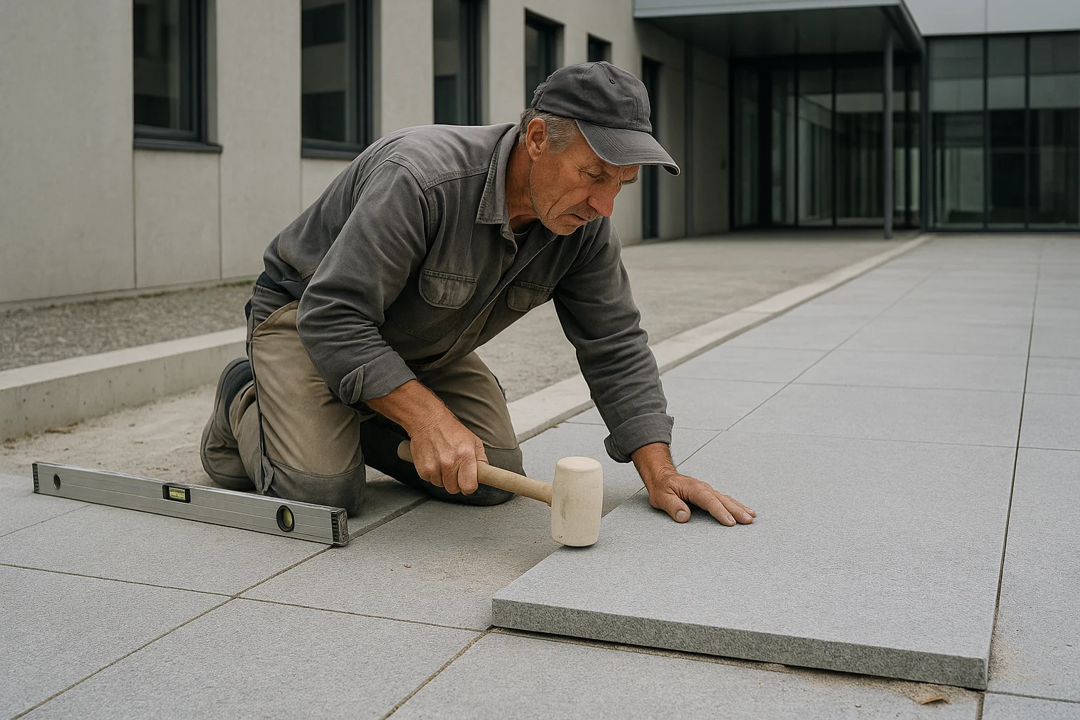 Natursteinplatten im Objektbereich auf einer modernen Aussenfläche mit klarem Verlegebild