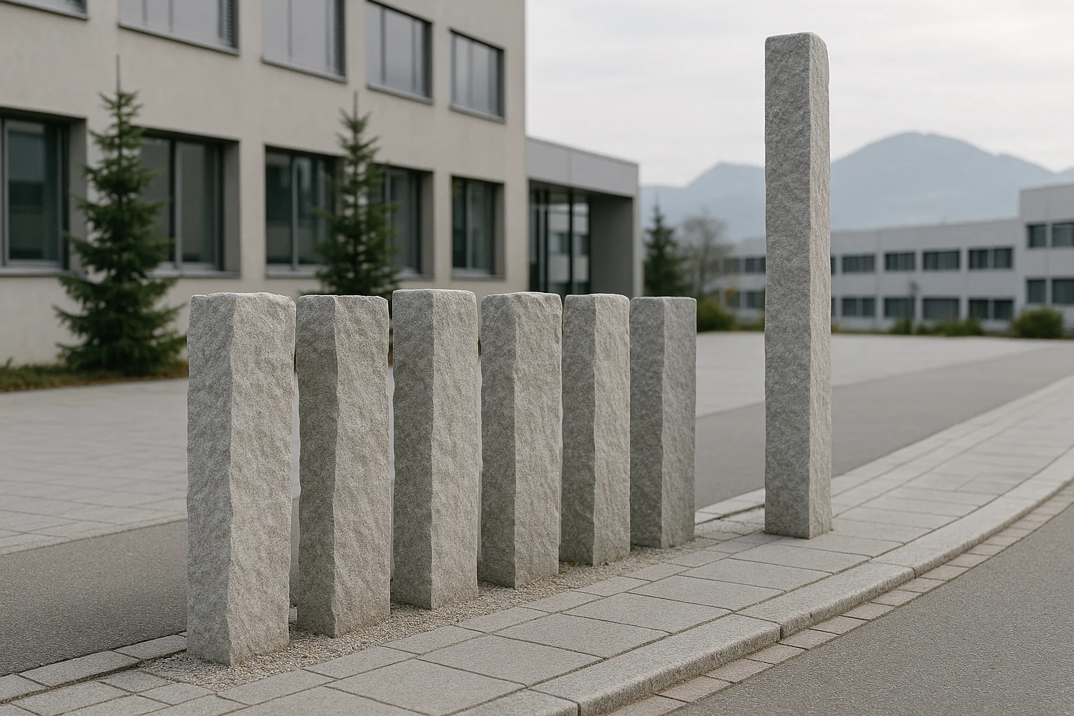 Naturstein-Palisaden und Stelen als Gestaltungselemente in einem modernen Aussenraum