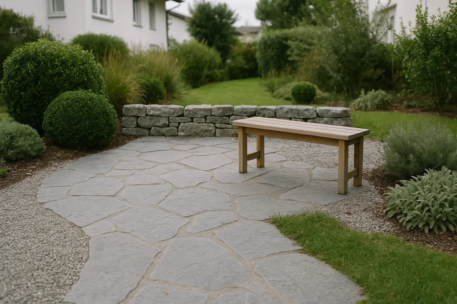 Naturstein-Polygonalplatten im Garten als natürlicher Sitzplatz zwischen Pflanzen und Kies