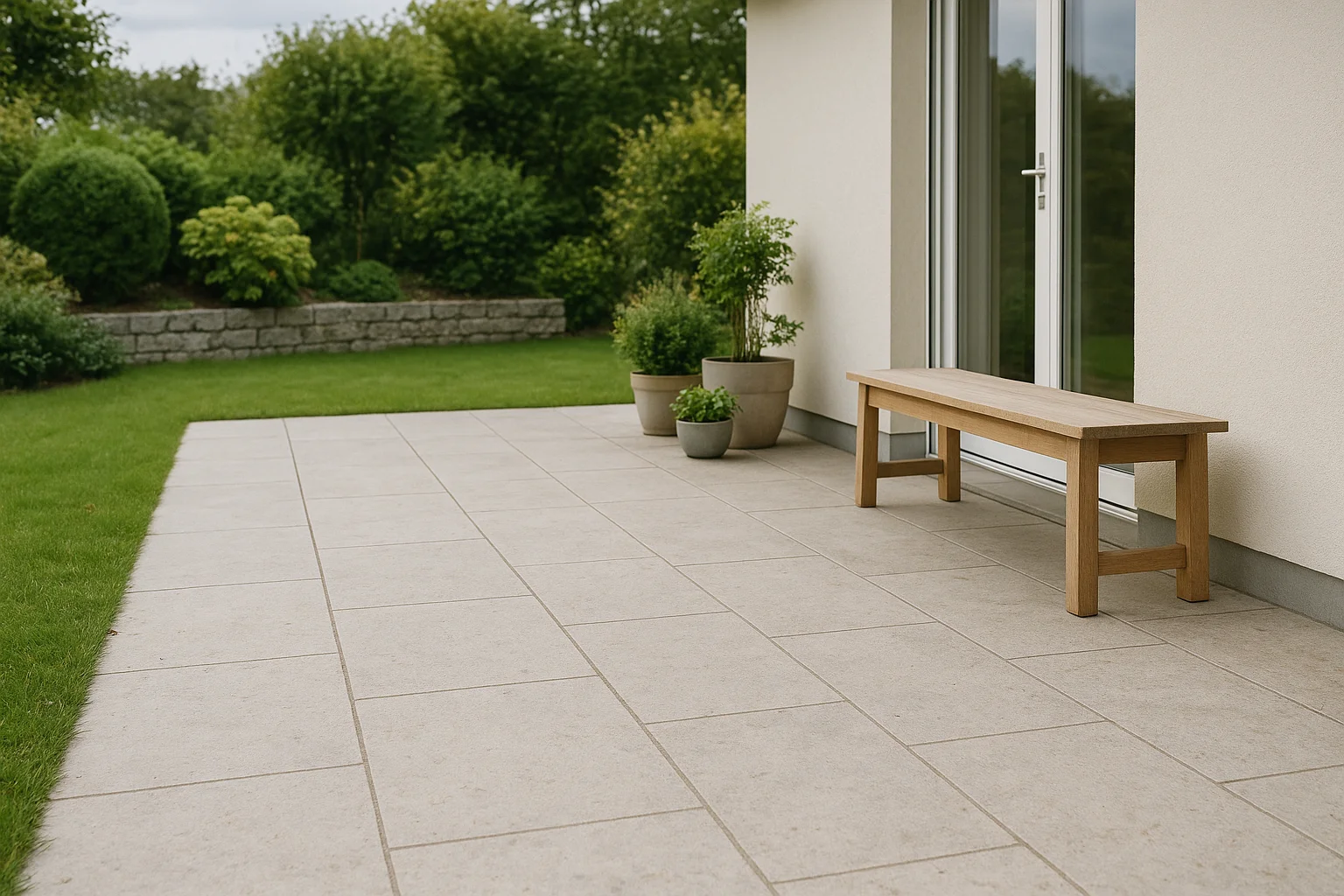 Harmonische Naturstein-Terrasse in ruhigen Grau- und Beigetönen im Garten