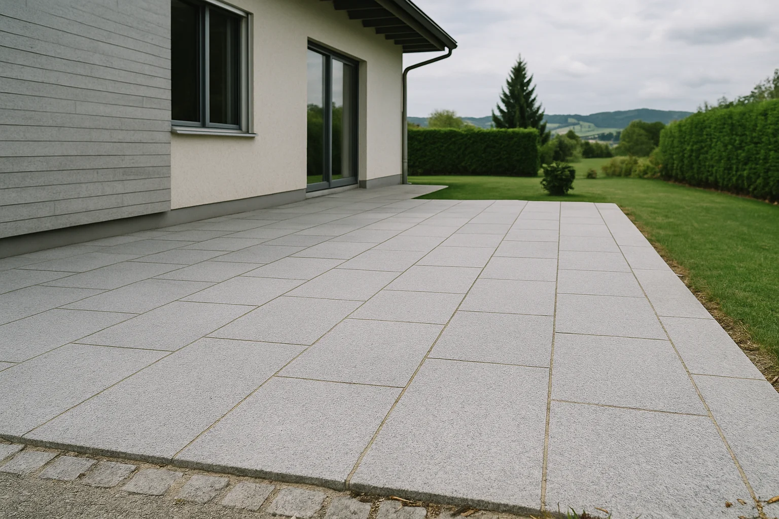 Sonnige Terrasse mit Natursteinbelag in heller Farbe neben moderner Fassade