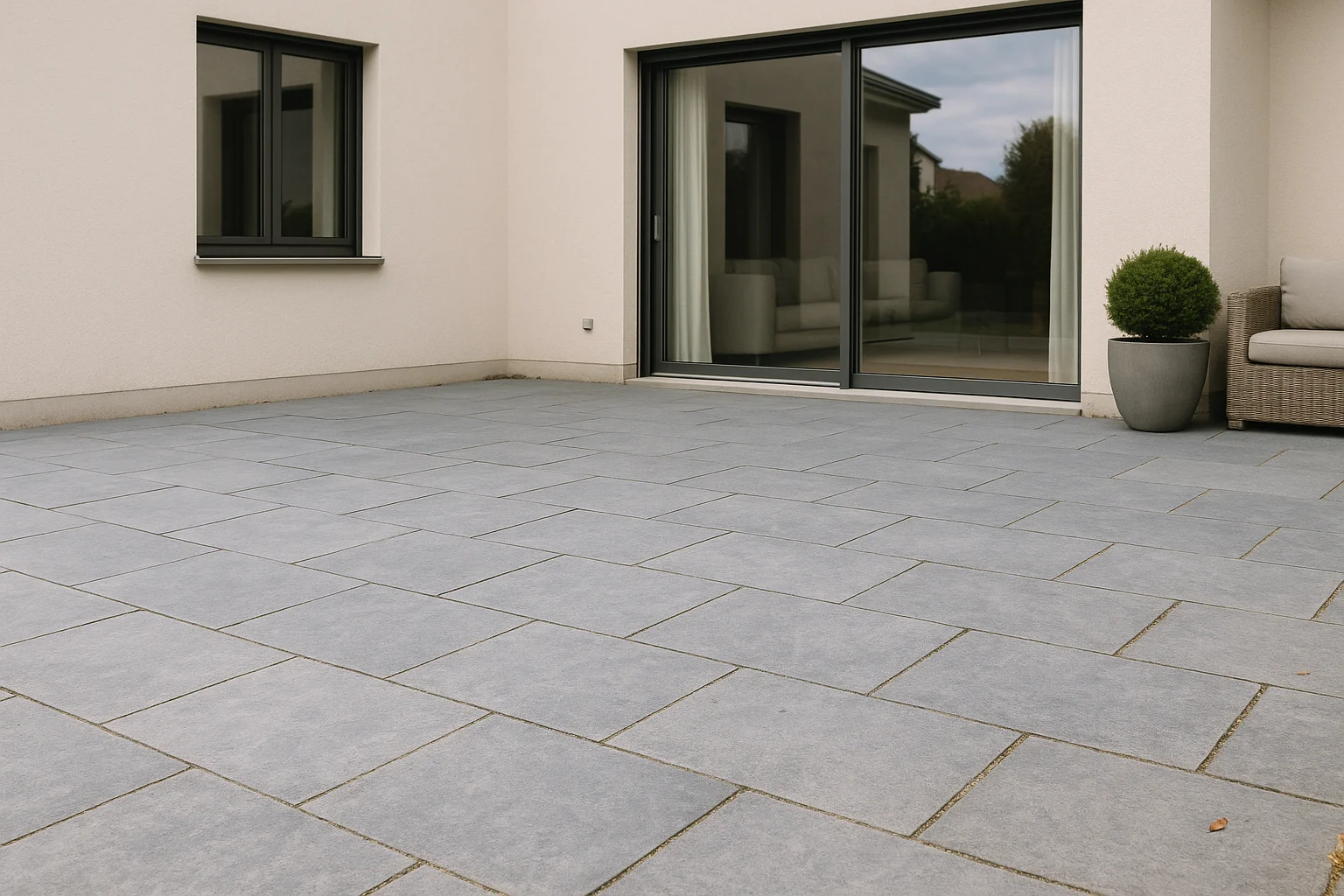 Moderne Terrasse mit Natursteinplatten in ruhigen Grautönen vor einem zeitgemässen Haus