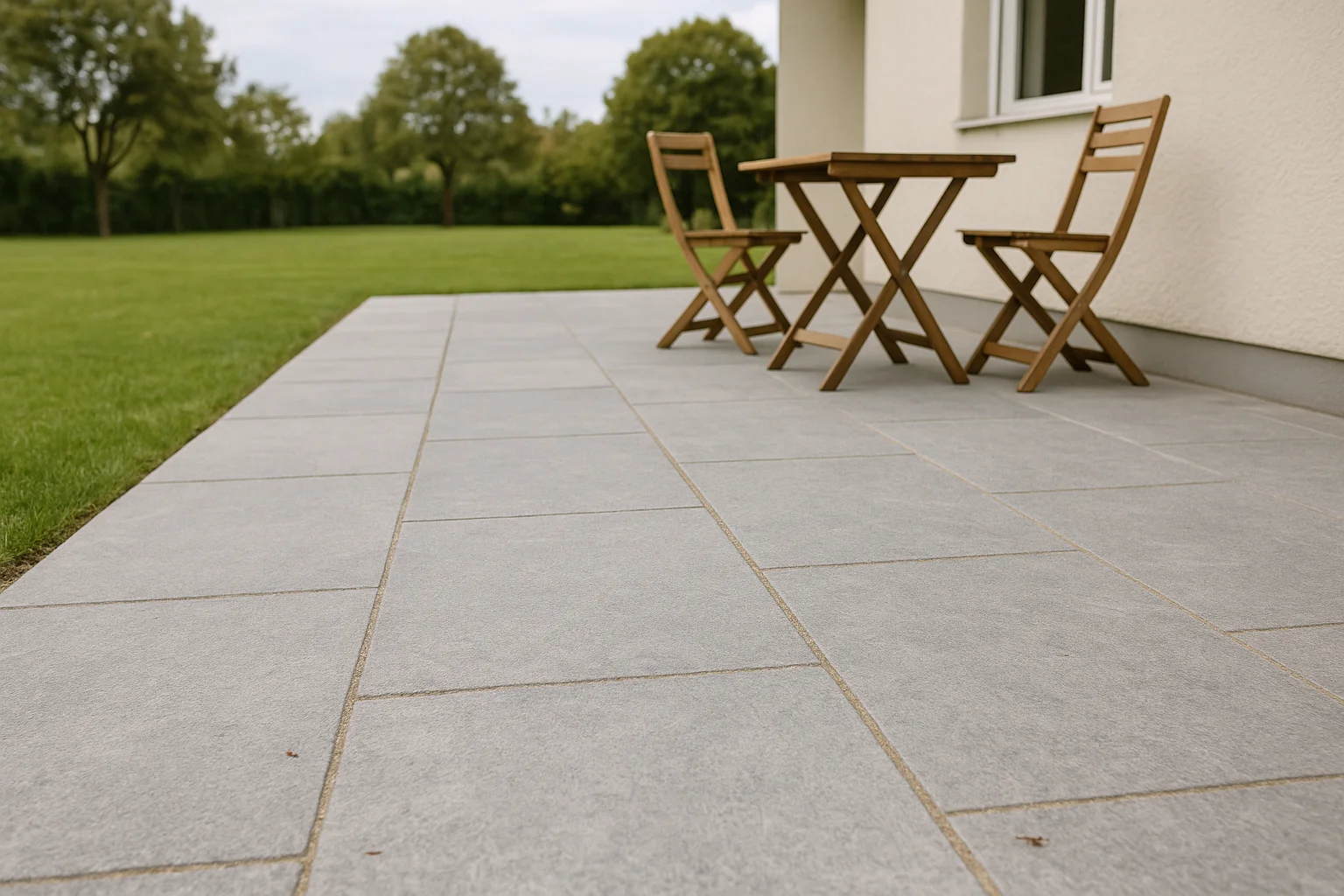 Naturstein-Terrassenplatten in einem familienfreundlichen Garten mit Sitzbereich und Grünfläche