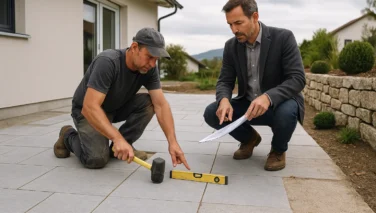 Architekt und Gartenbauer besprechen Naturstein-Terrassenplatten für ein Projekt im Aussenraum