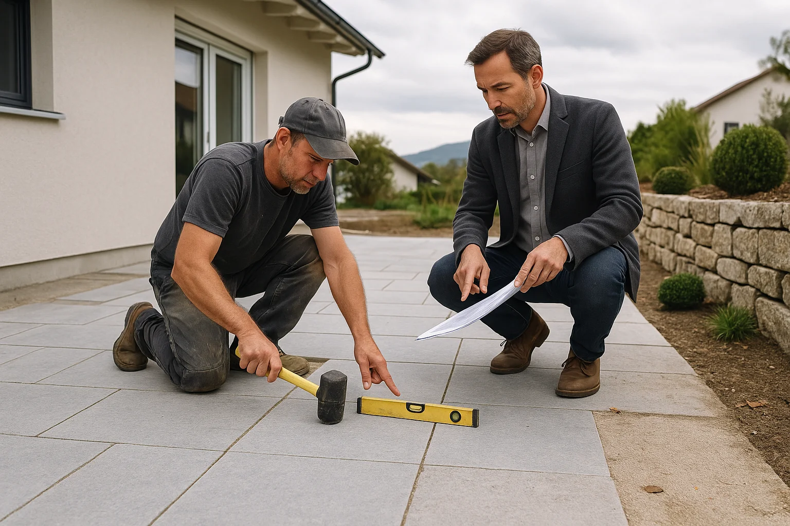 Architekt und Gartenbauer besprechen Naturstein-Terrassenplatten für ein Projekt im Aussenraum