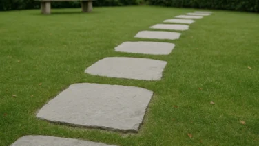 Naturstein-Trittplatten als lockerer Gartenweg im Rasen in einem gepflegten Schweizer Garten