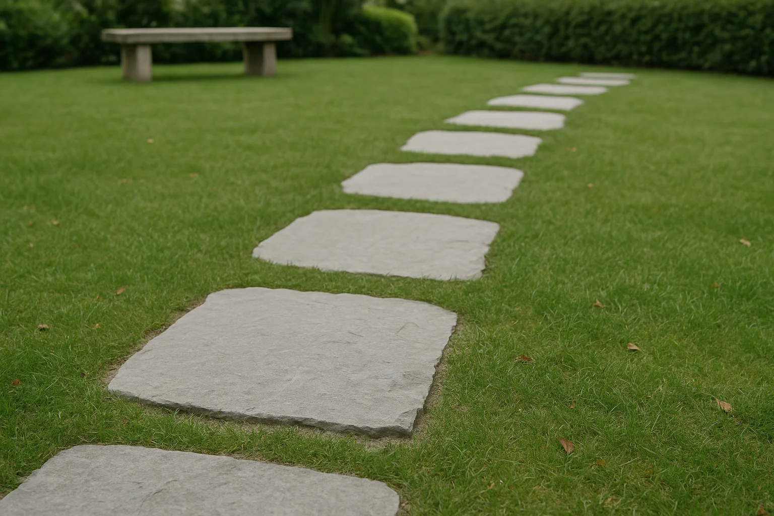Naturstein-Trittplatten als lockerer Gartenweg im Rasen in einem gepflegten Schweizer Garten