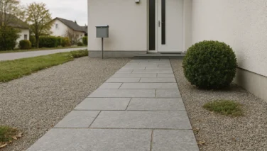 Gestalteter Vorplatz mit Naturstein vor einem Einfamilienhaus mit klarer Wegeführung und einladendem Hauszugang