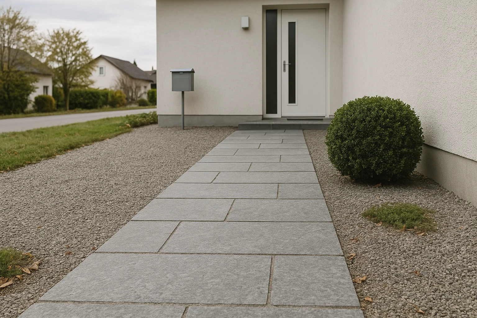 Gestalteter Vorplatz mit Naturstein vor einem Einfamilienhaus mit klarer Wegeführung und einladendem Hauszugang