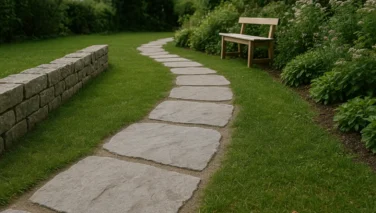 Naturstein-Wegplatten als lockerer Trittweg durch einen grünen Garten mit Rasen und Stauden