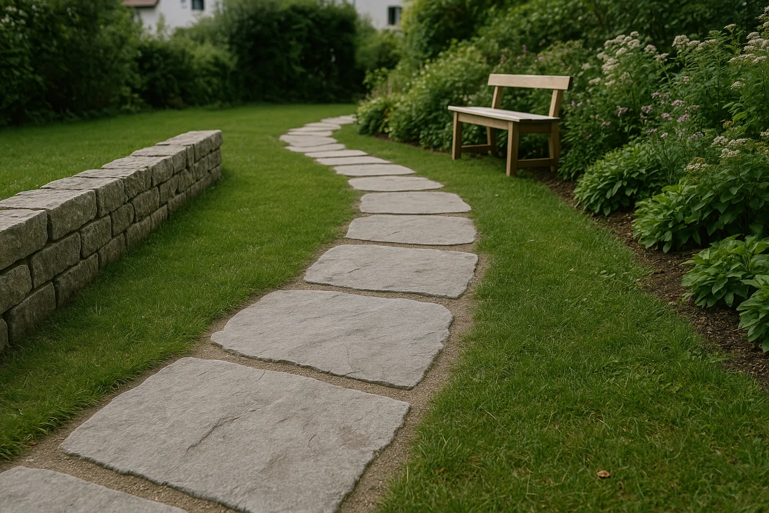 Naturstein-Wegplatten als lockerer Trittweg durch einen grünen Garten mit Rasen und Stauden