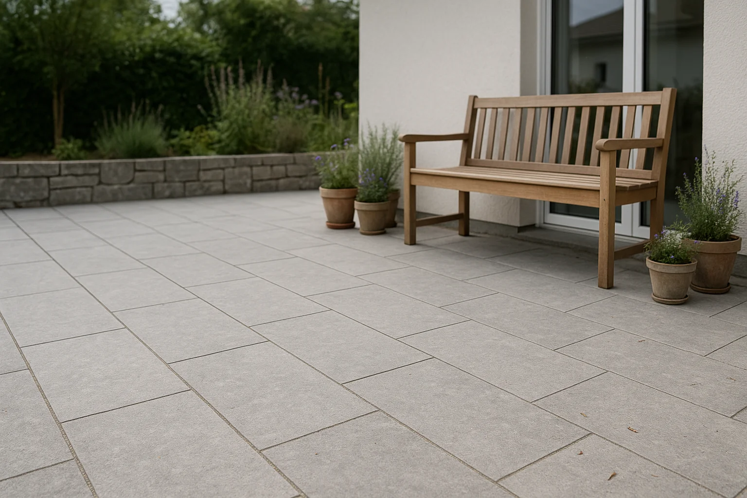 Zeitlose Naturstein-Terrasse mit ruhigen Farbtönen und klaren Linien im Schweizer Garten